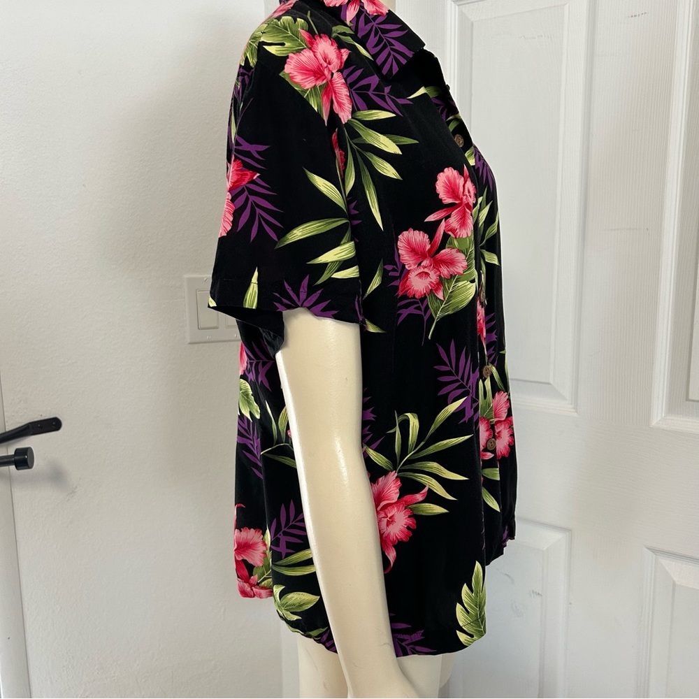 Two Palms Hawaii Aloha Hibiscus Button Shirt Womens Large‎ Black Pink - Picture 2 of 8